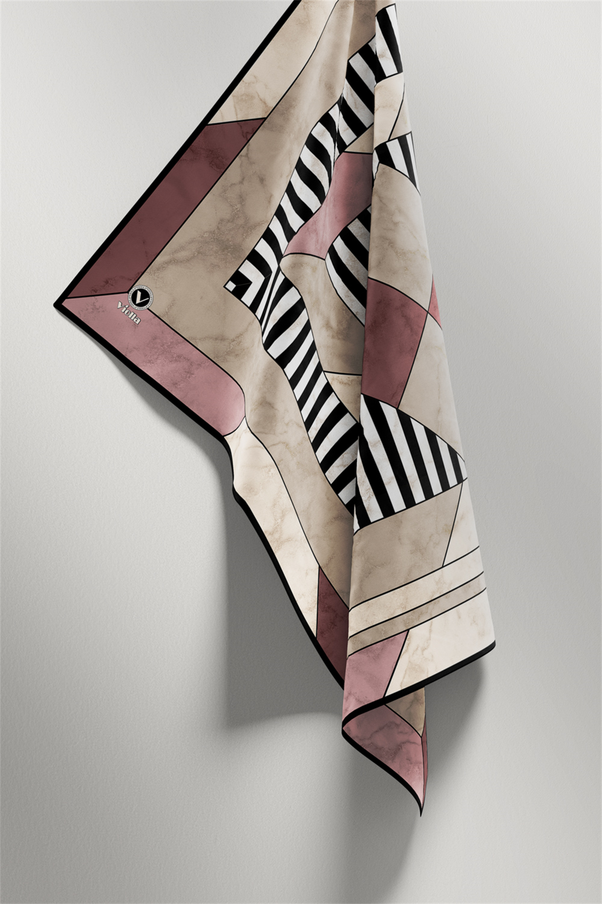 Twill Çizgili Geometrik Mermer Desenli Pudra Renkli 90x90 Eşarp (İpek İçermez) Kenar Dikiş Şekli El Dikişli