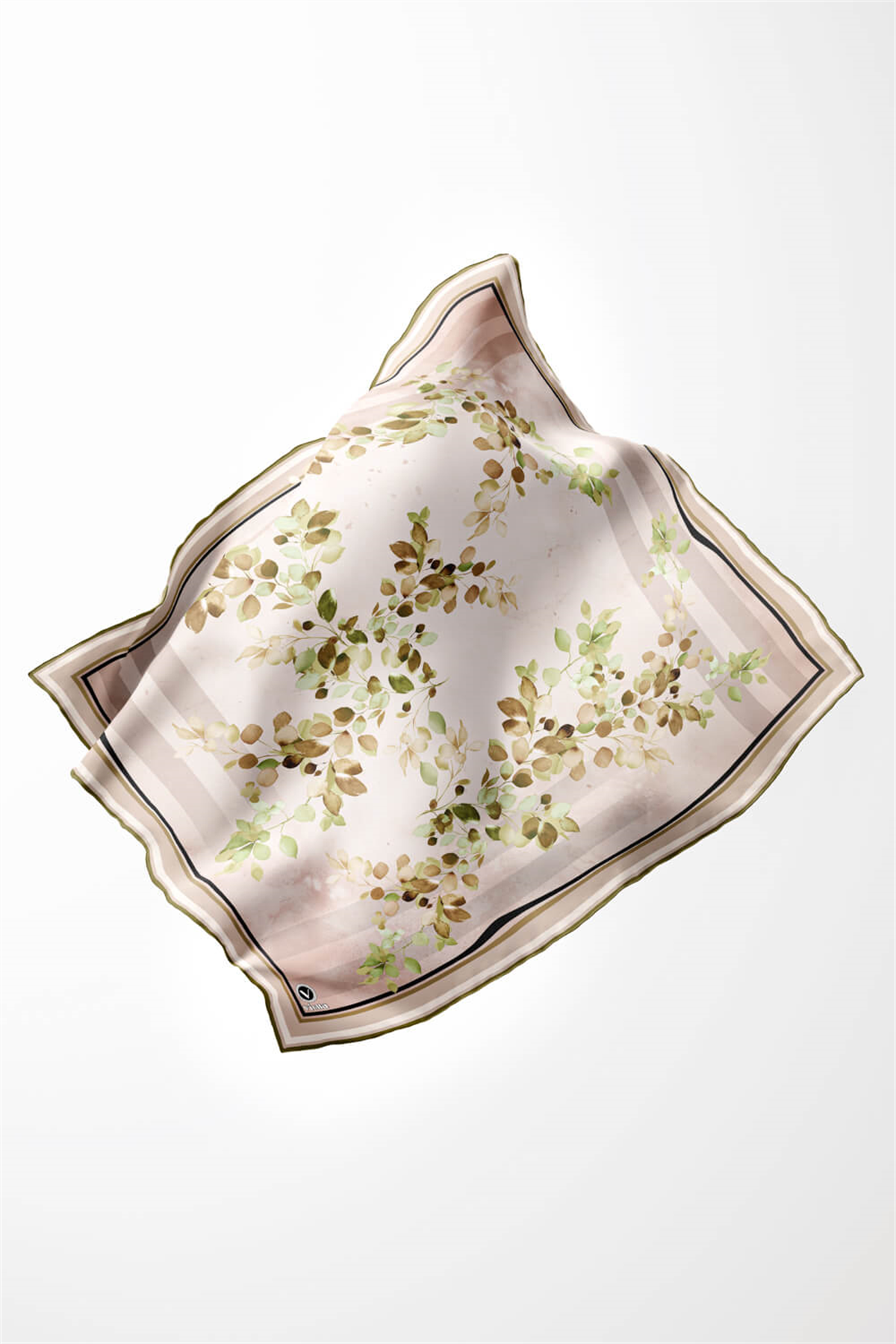 Twill Çiçek Desenli Haki Yeşili Renkli 90x90 Eşarp (İpek İçermez) Kenar Dikiş Şekli El Dikişli