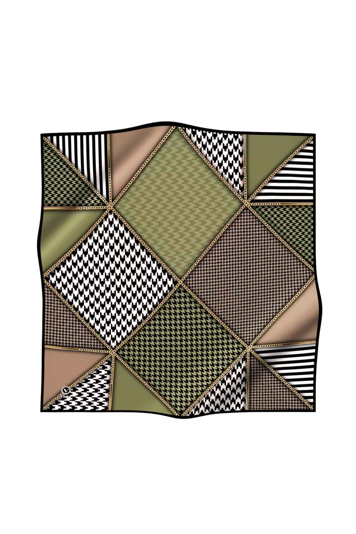 Twil Geometrik Ve Kazayak Desenli Haki Renkli 90x90 Eşarp (İpek İçermez) Dikim Şekli : El Dikişi