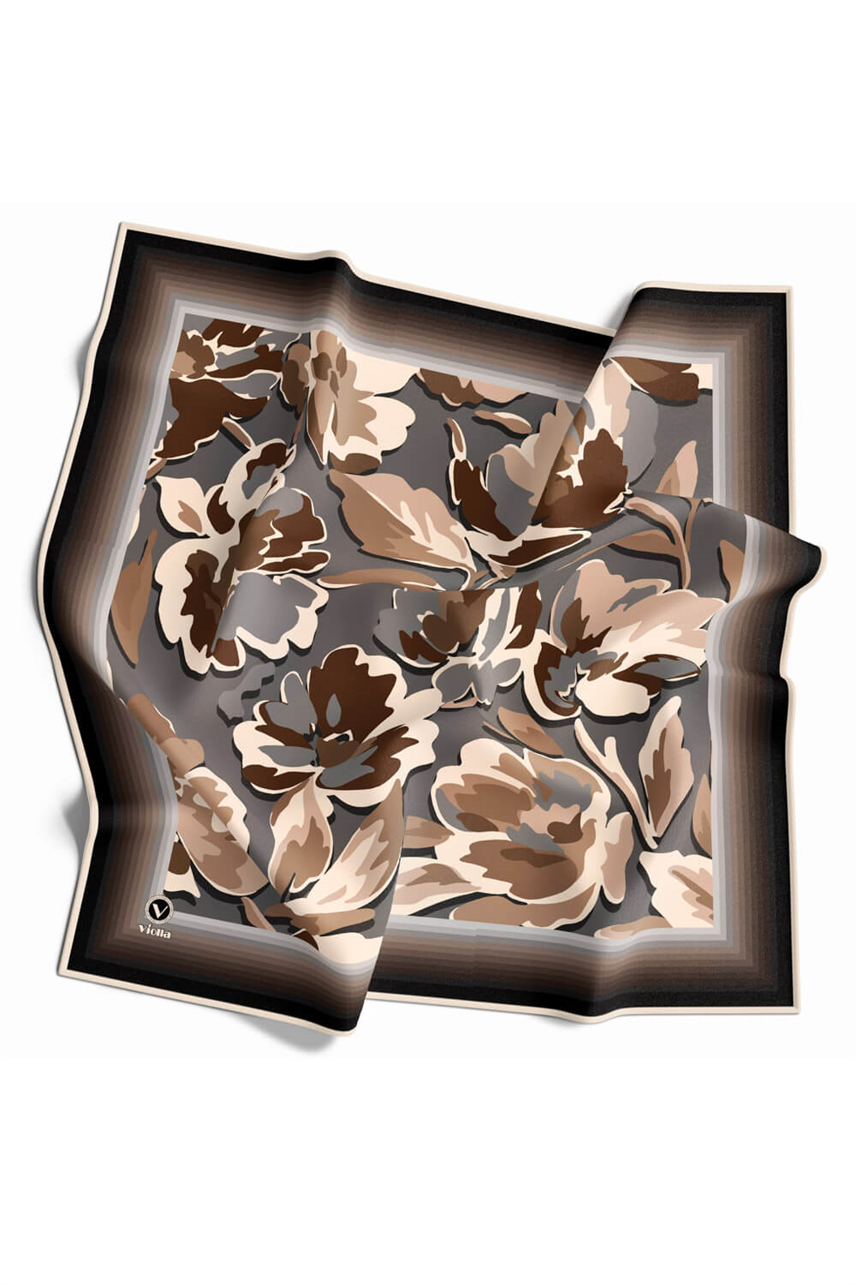 Rayon Büyük Çiçekli Gri - Bej Renkli 90x90 Eşarp (İpek İçermez) Kenar Dikiş Şekli El Dikişli