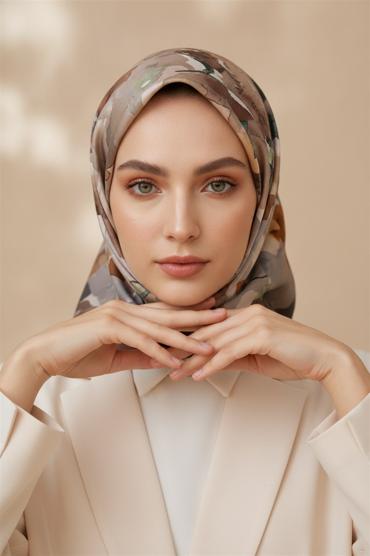 % 57 İPEK % 43 VİSKON Twill İpek Sulu Boyalı Çiçek Desenli Vizon - Turuncu Renkli 90x90 Eşarp Dikim Şekli : El Dikişi