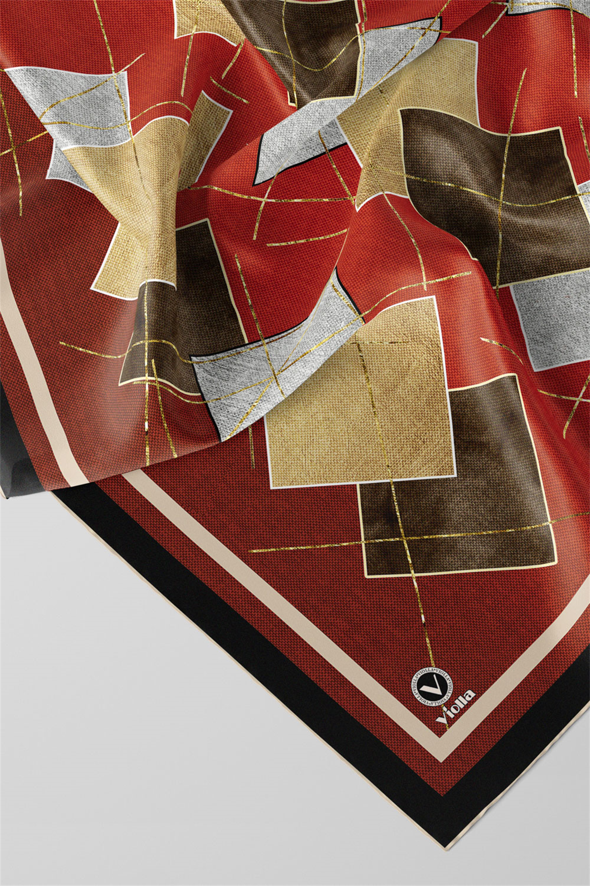 Twill Geometrik Desenli Taba Renkli 90x90 Eşarp (İpek İçermez) Kenar Dikiş Şekli El Dikişli