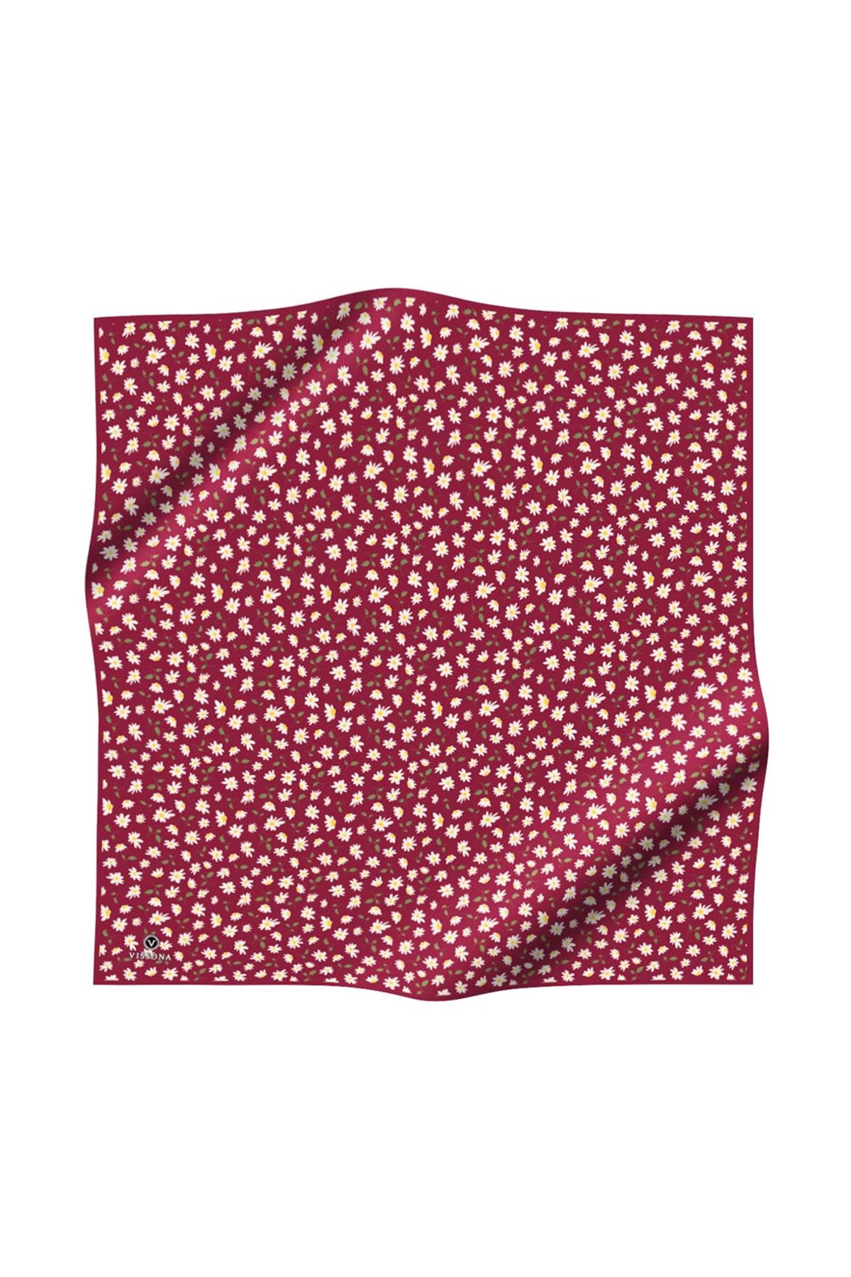 %100 Twill İpek Papatya Desenli Bordo Renkli 90x90 Eşarp Dikim Şekli : El Dikişi