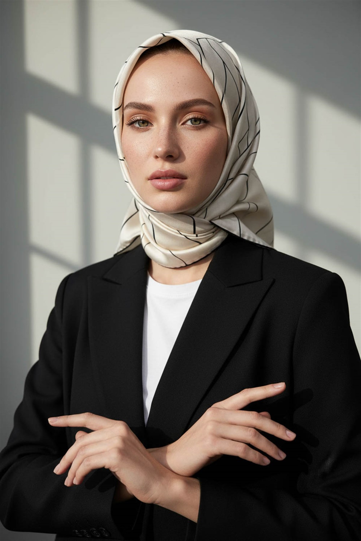 %100 Twill İpek Çizgi Desenli Krem - Siyah Renkli 90x90 Eşarp Dikim Şekli : El Dikişi