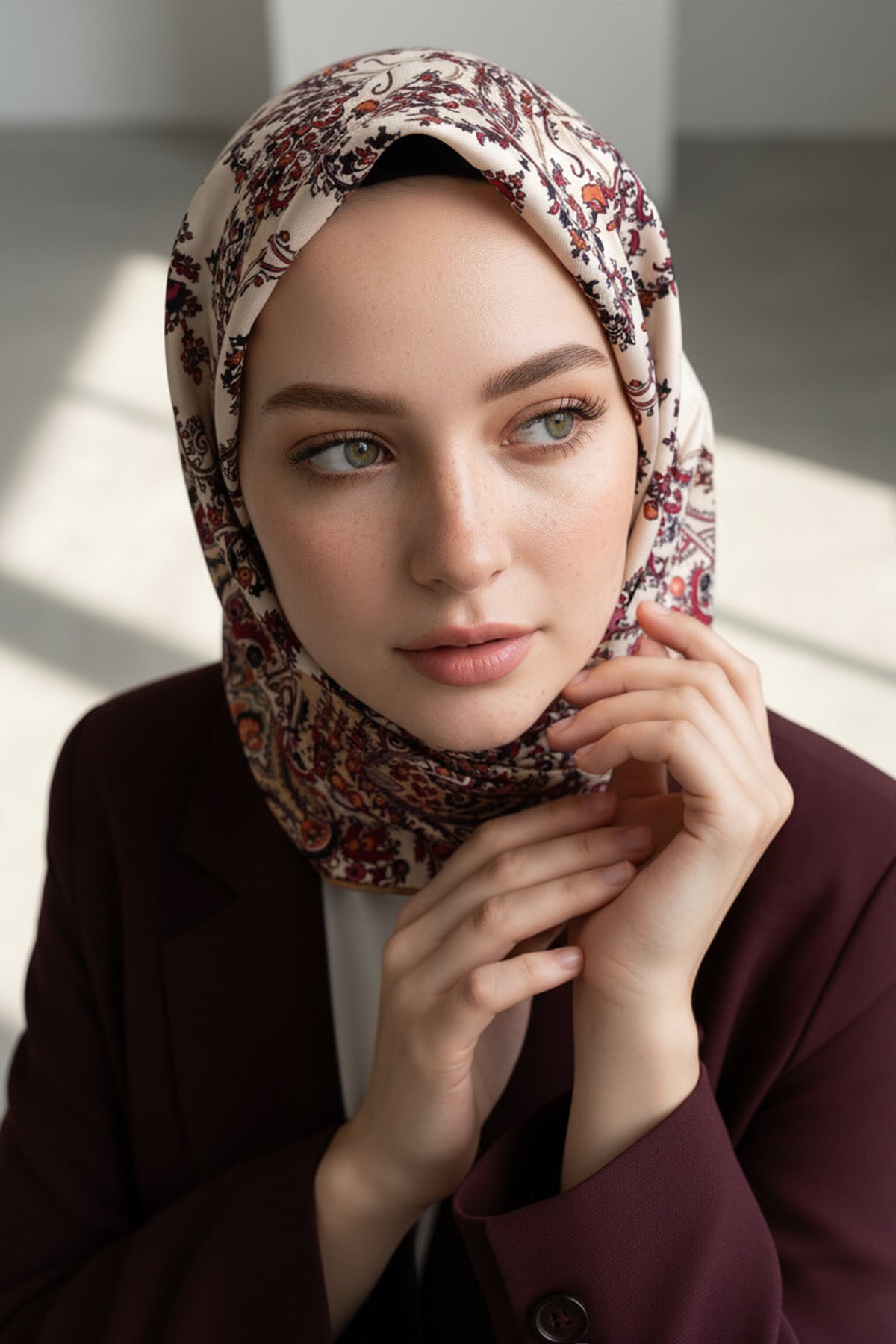 %100 Twill İpek Şal Desenli Krem Renkli 90x90 Eşarp Dikim Şekli : El Dikişi