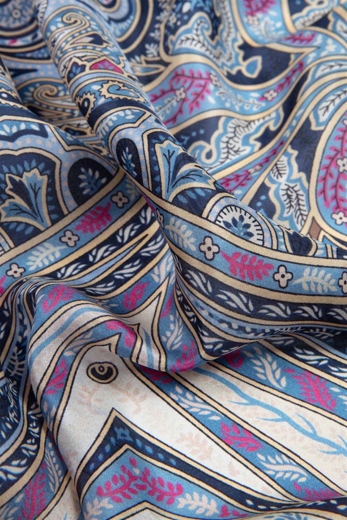 100% İpek Etro Desenli Lacivert - Gold Renkli 92x210 Şal