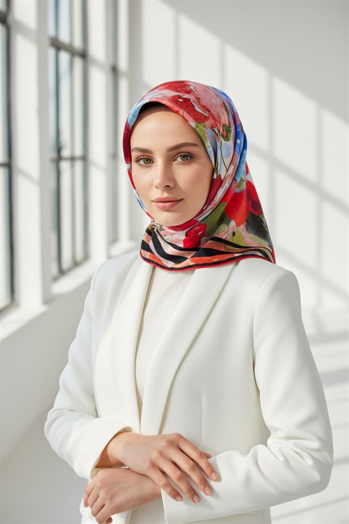 % 57 İPEK % 43 VİSKON Twill İpek Sulu Boyalı Çiçek Desenli Kırmızı - Bebe Mavisi Renkli 90x90 Eşarp Dikim Şekli : El Dikişi