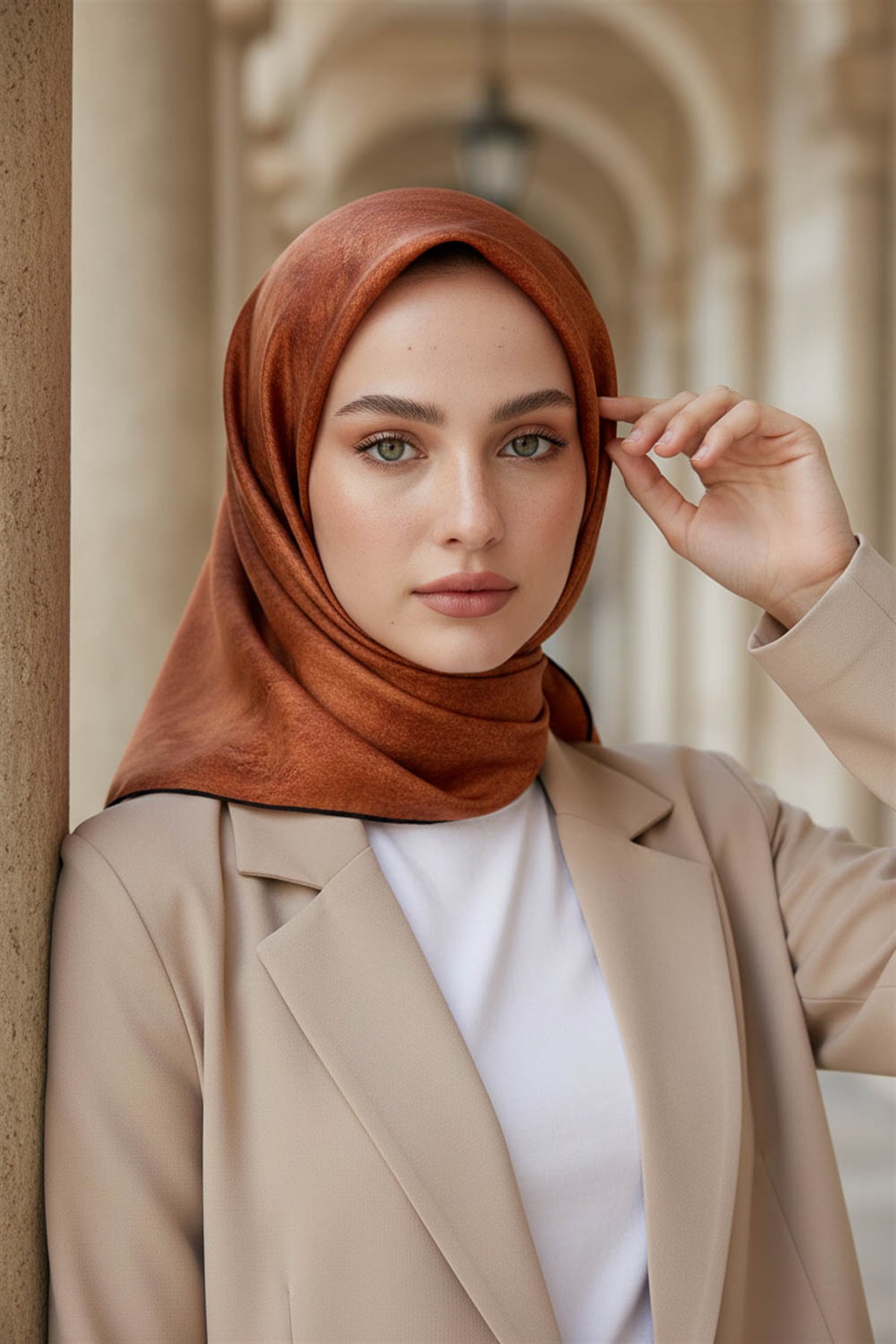 %100 Twill İpek Doku Desenli Sarı - Taba Renkli 90x90 Eşarp Dikim Şekli : El Dikişi
