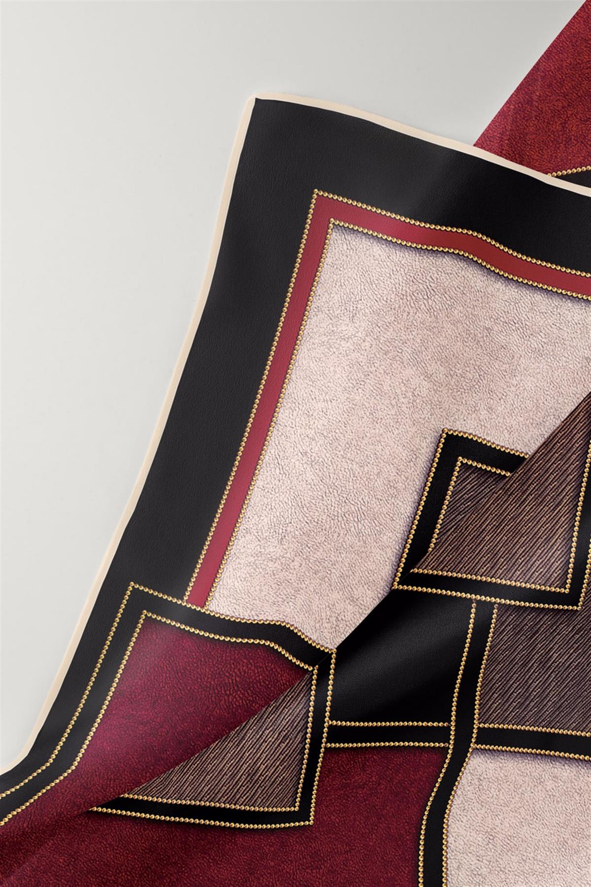 100% Twill İpek Gold Detaylı Kare Desenli Siyah - Bordo Renkli 90x90 Dikim Şekli : El Dikişi