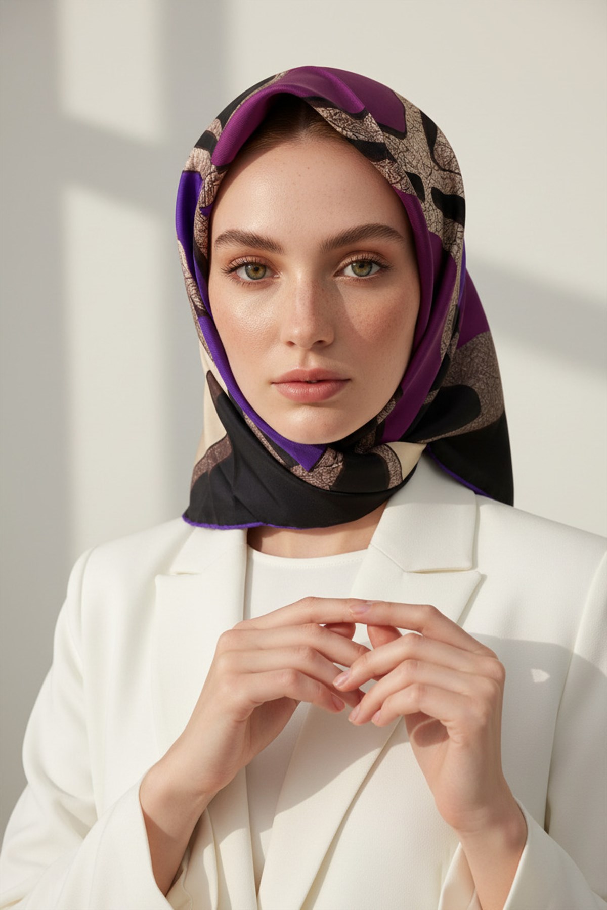 % 57 İPEK % 43 VİSKON Twill İpek Gold Efektli Geometrik Desenli Siyah - Mürdüm Renkli 90x90 Eşarp Dikim Şekli : El Dikişi
