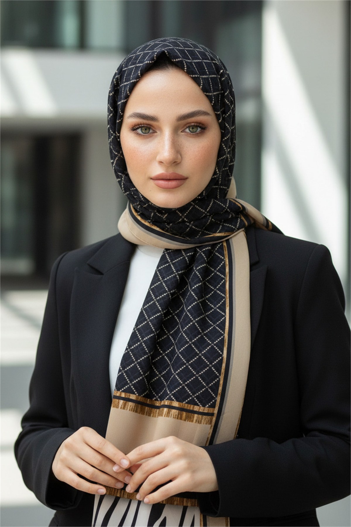 KREP ZEBRALI BAKLAVA DESENLİ BEJ RENKLİ 75X195 KIRIŞMAZ ŞAL