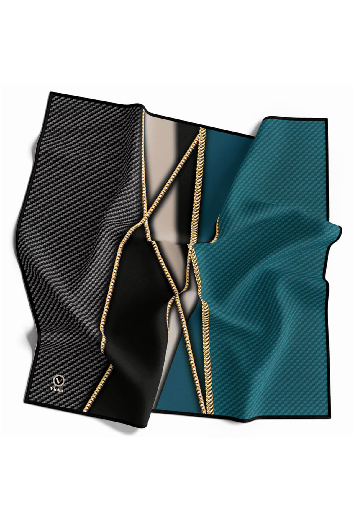 Rayon Gold Detaylı Geometrik Desenli Petrol Mavisi Renkli 90x90 Eşarp (İpek İçermez) Kenar Dikiş Şekli El Dikişli