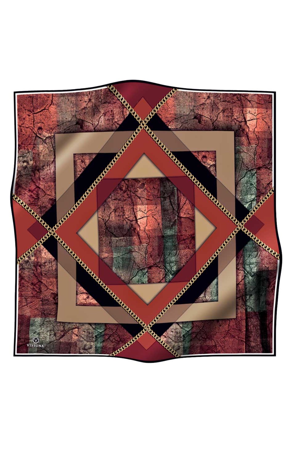% 57 İPEK % 43 VİSKON Twill İpek Taş Efekti Desenli Taba - Siyah Renkli 90x90 Eşarp Dikim Şekli : El Dikişi