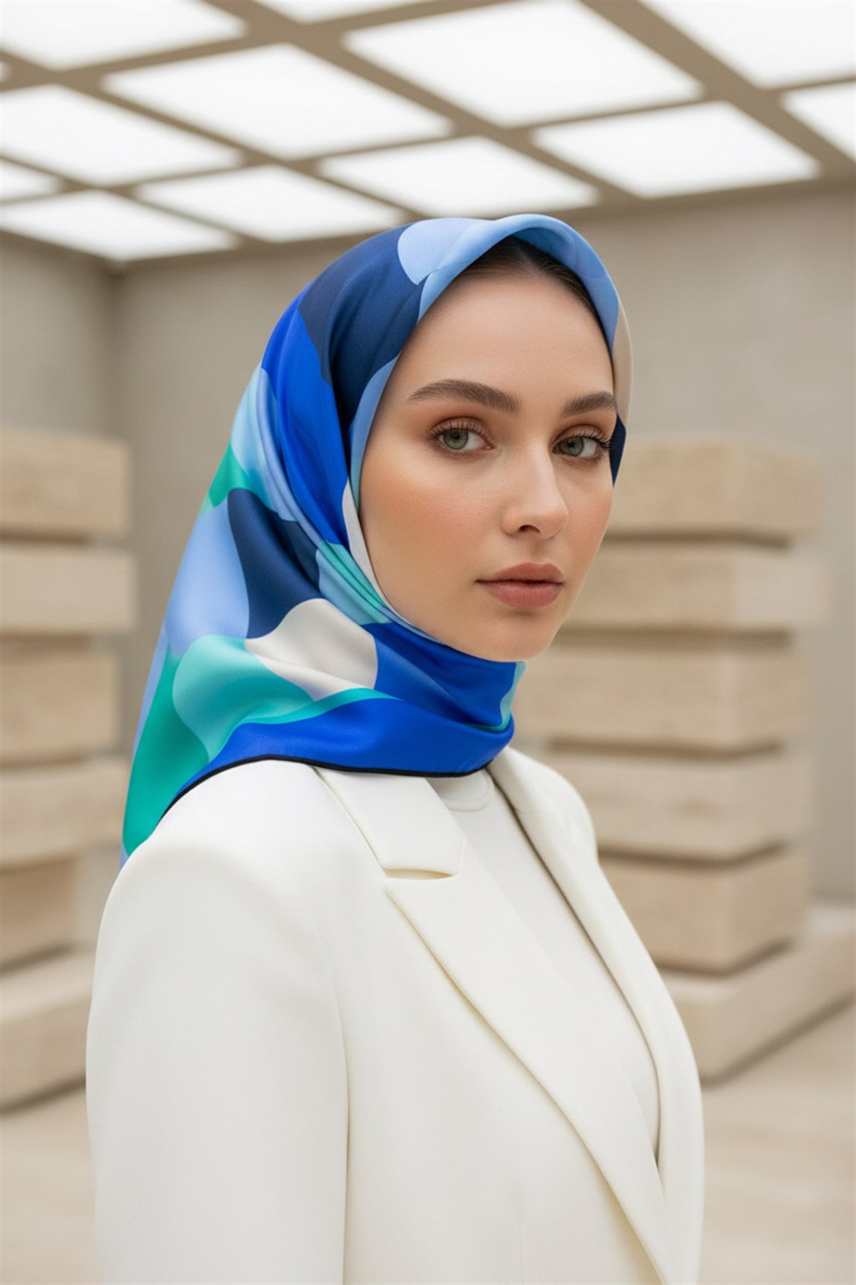 %100 Twill Renk Bloklu Çizgili Desenli Saks - Mint Yeşili Renkli 90x90 Eşarp Dikim Şekli: El Dikişii