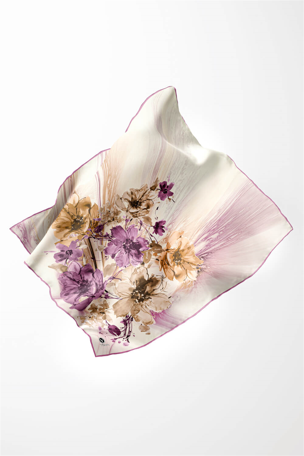 Twill Çiçek Desenli Lila Renkli 90x90 Eşarp (İpek İçermez) Kenar Dikiş Şekli El Dikişli