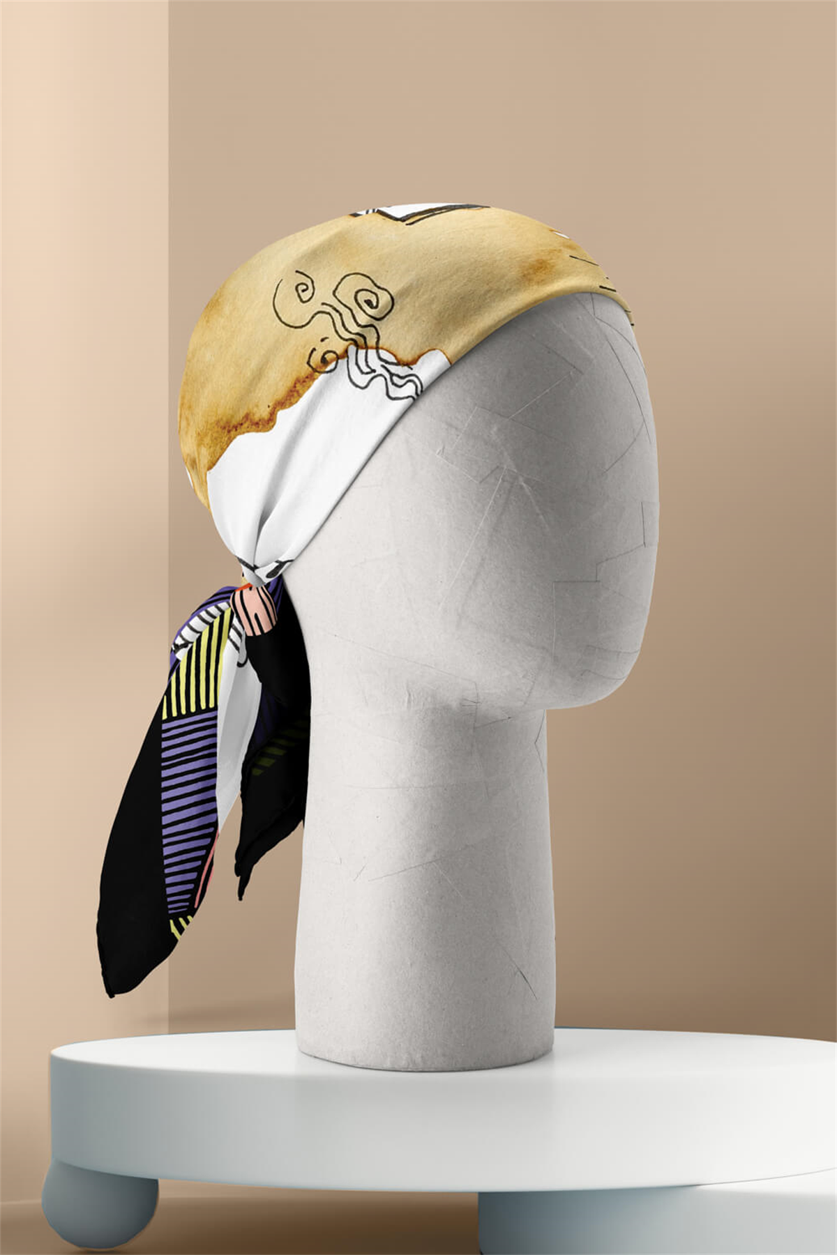 E64 Kadın Krem Mavi Afrikan Desenli 50x50 Bandana HYL DG01205-22