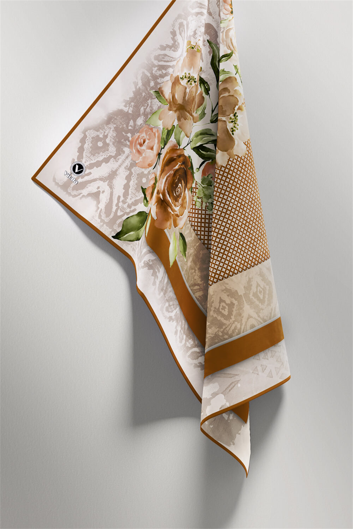 Twill Çiçek Desenli Hardal Renkli 90x90 Eşarp (İpek İçermez) Kenar Dikiş Şekli El Dikişli