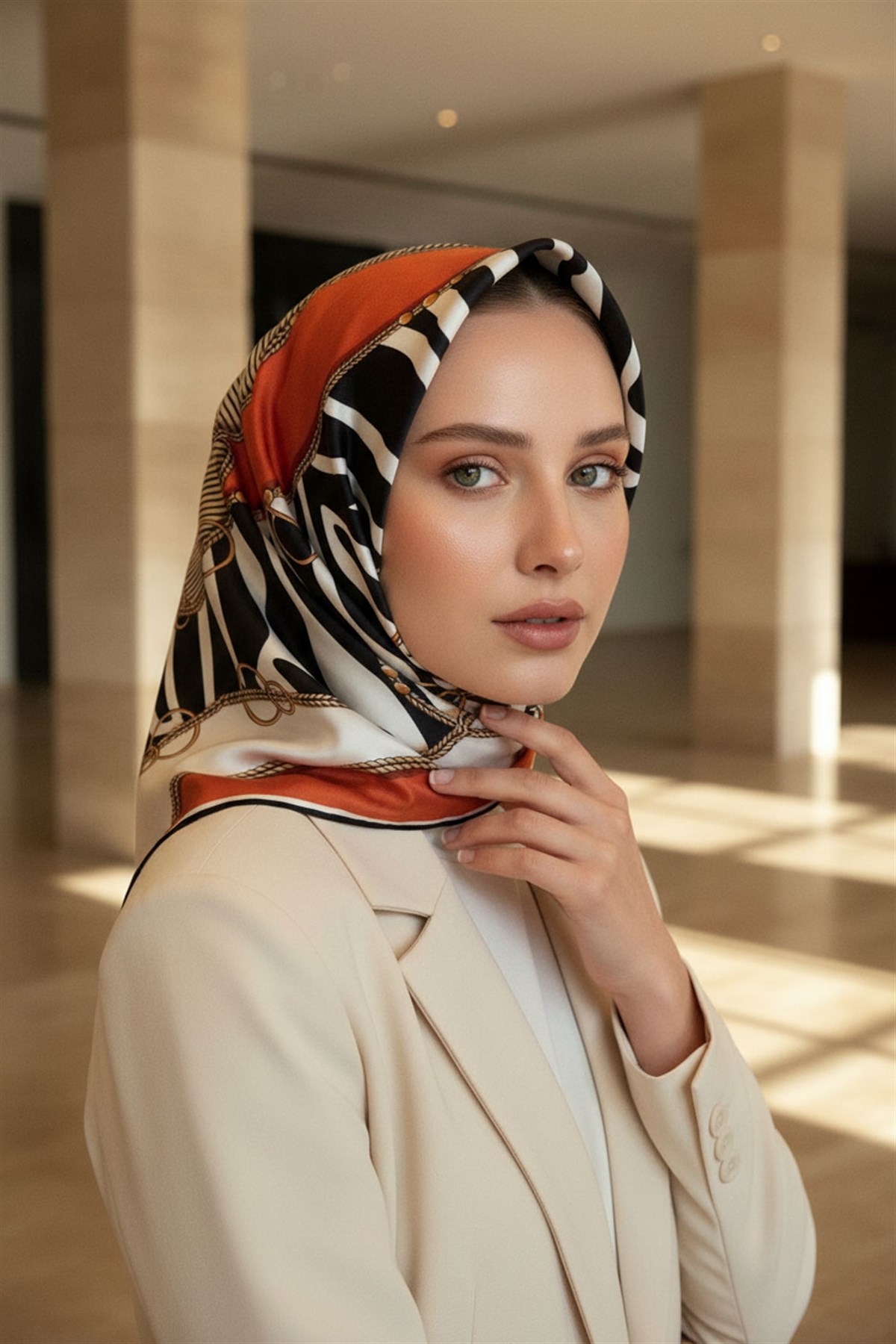 %100 Twill İpek Zincirli Ve Zebra Desenli Taba - Siyah Renkli 90x90 Eşarp Dikim Şekli : El Dikişi