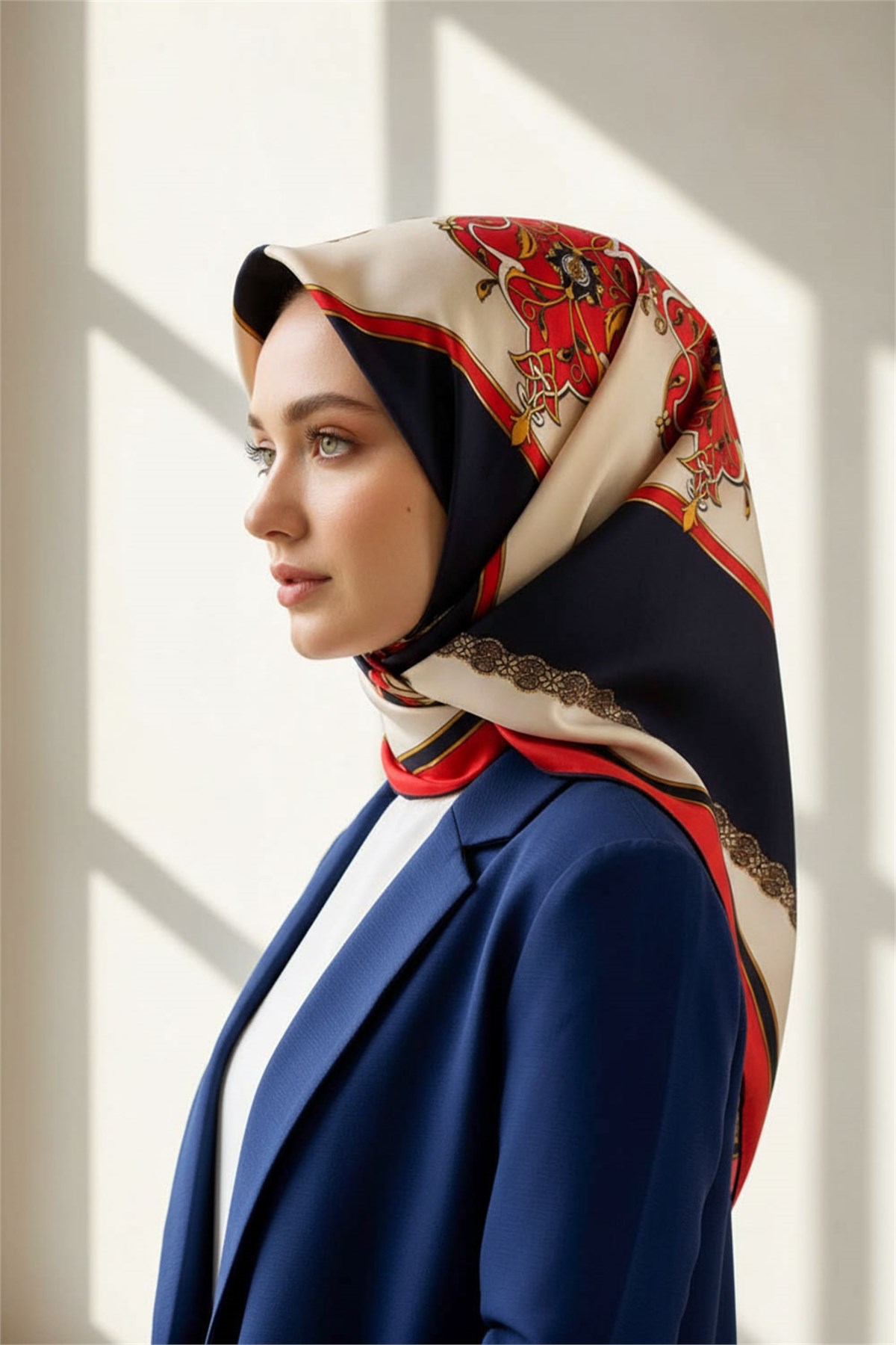 %100 Twill Barok Desenli Kırmızı - Lacivert Renkli 90x90 Eşarp Dikim Şekli: El Dikişi