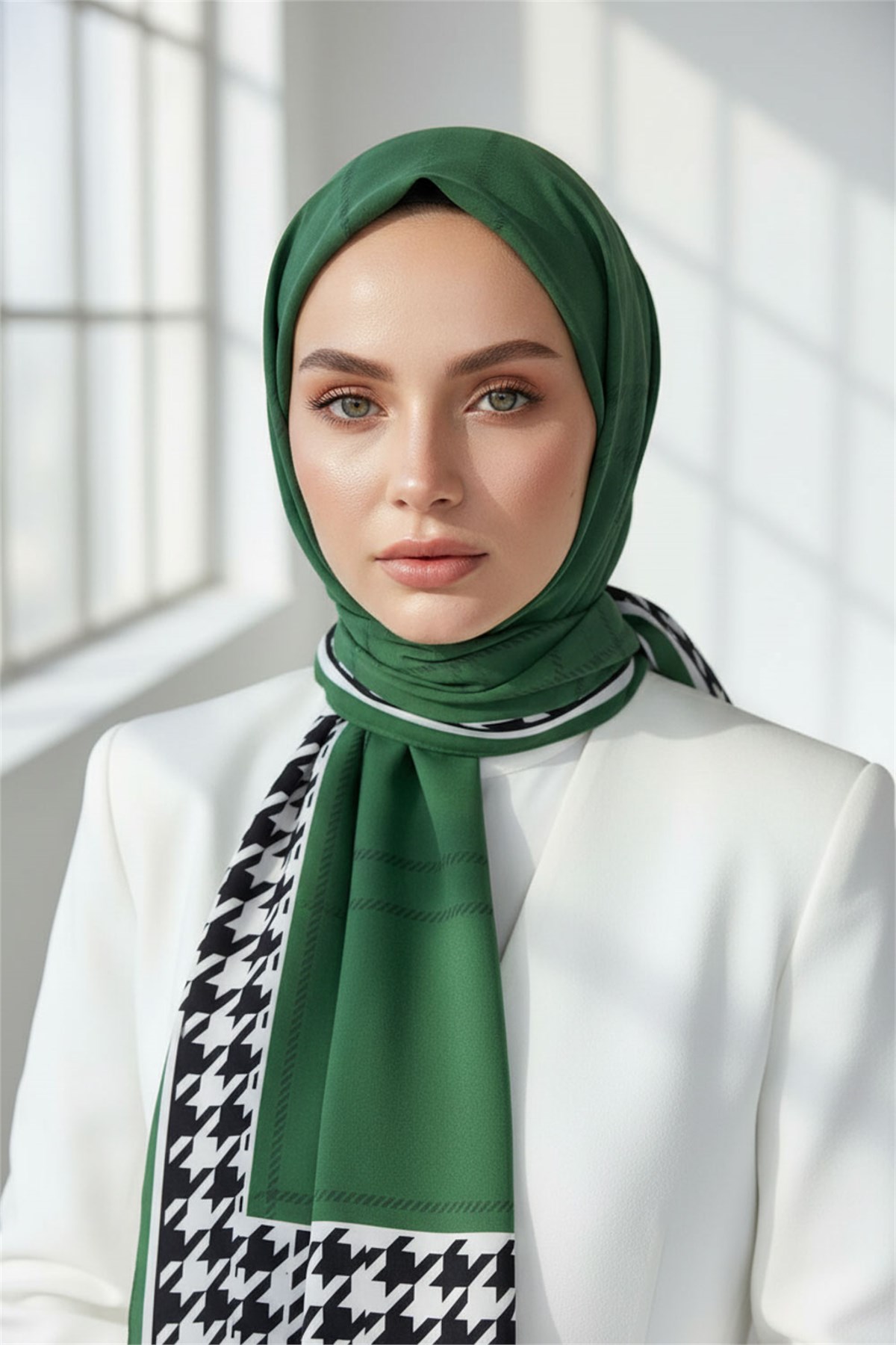 KREP KAZAYAĞI DESENLİ ZÜMRÜT YEŞİLİ - SİYAH RENKLİ 75X195 KIRIŞMAZ ŞAL