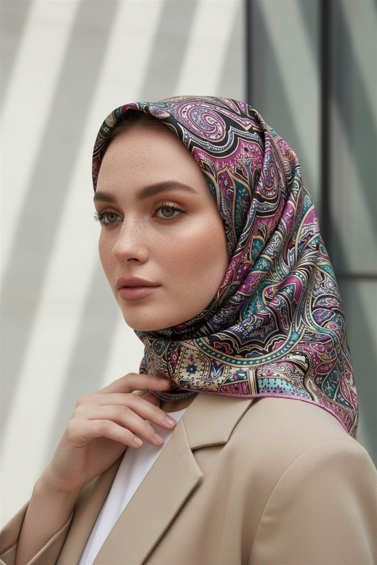 100% Twill İpek Etnik Desenli Pembe Renkli 90x90 Dikim Şekli : El Dikişi Eşarp