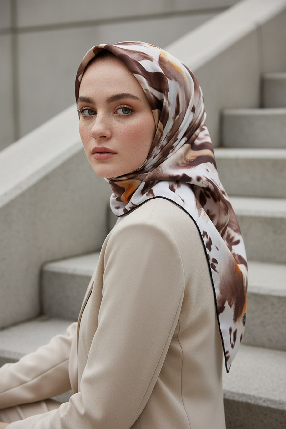%100 Twill İpek Batik Desenli Sütlü Kahve - Turuncu Renkli 90x90 Eşarp Dikim Şekli : El Dikişi