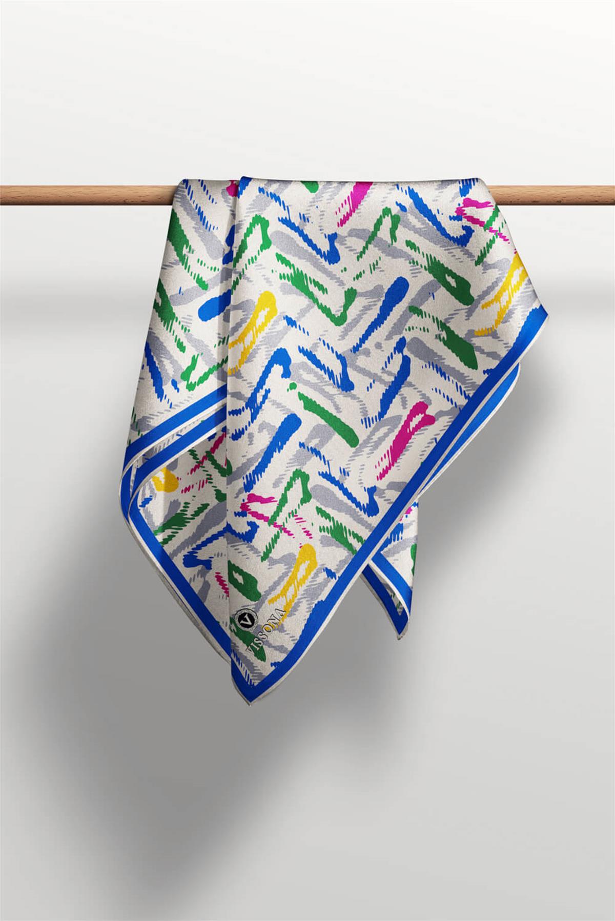 %100 Twill İpek Geometrik Desenli Saks - Zümrüt Yeşili Renkli 90x90 Eşarp Dikim Şekli : El Dikişi