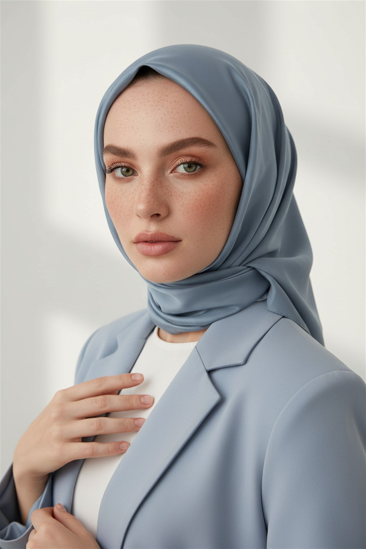 Viskon Twill İpek Az Hatalı Gri Mavi Renkli 90x90 Düz Eşarp Dikim Şekli : El Dikişi