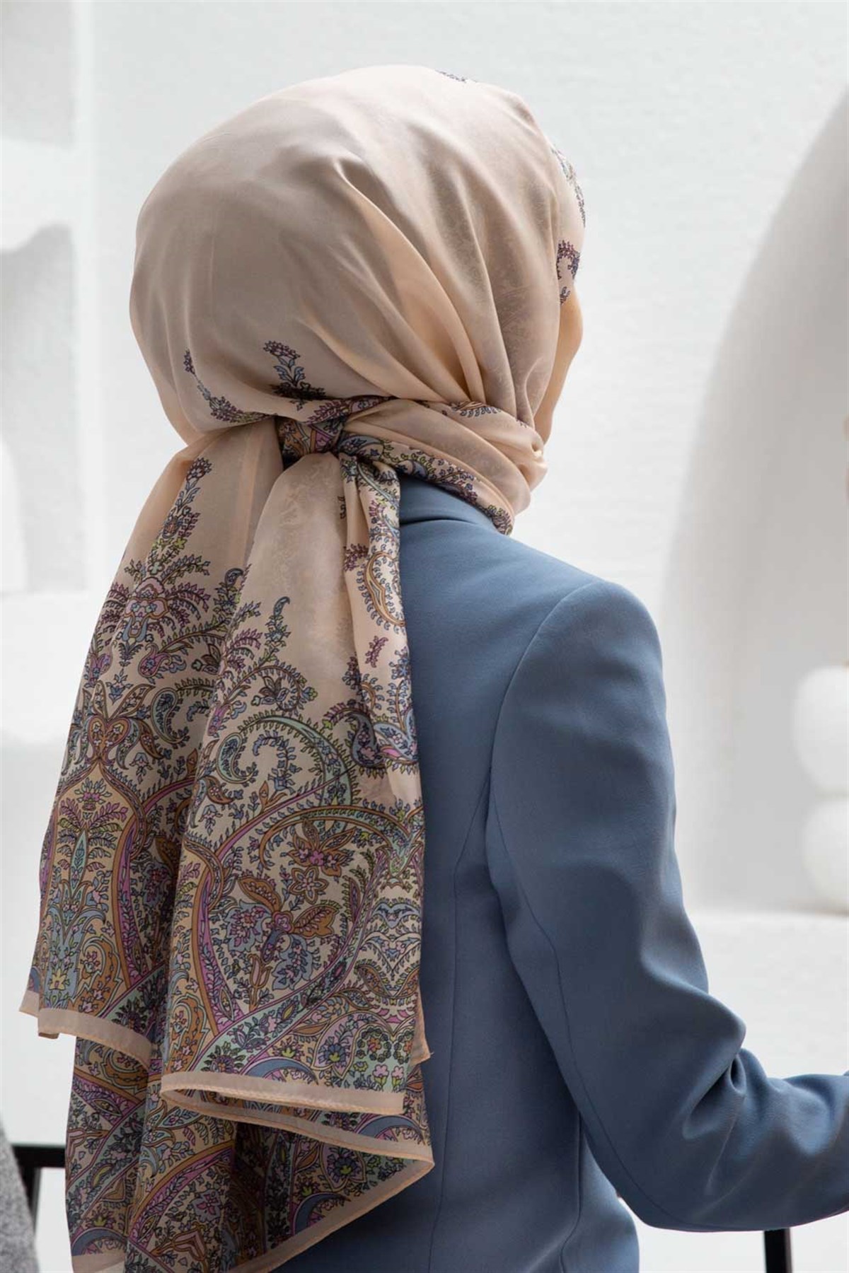 %100 İpek Etnik Desenli Somon Renkli 92x210 Şal