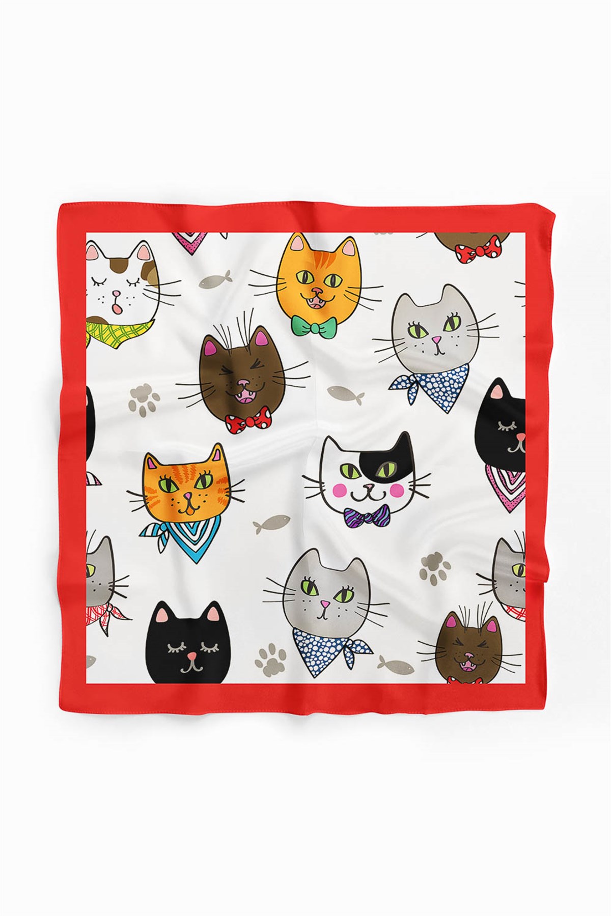 A59 Kadın Kedi Desenli Bandana 50x50 Kırmızı DG0191-22 Snz