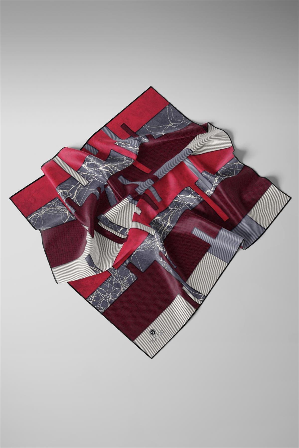 %100 Twill İpek Geometrik Desenli Siyah - Kırmızı Renkli 90x90 Eşarp Dikim Şekli : El Dikişi