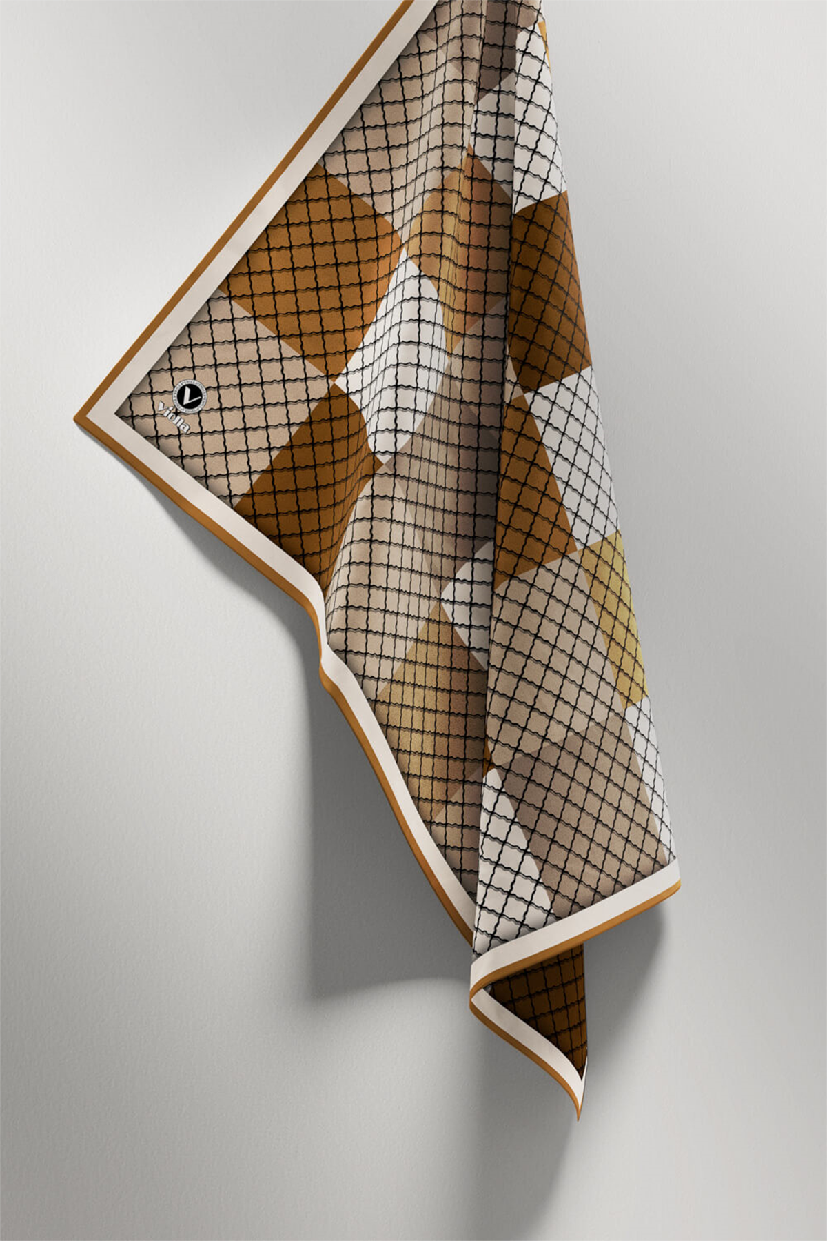 Twill Kare Desenli Hardal Renkli 90x90 Eşarp (İpek İçermez) Kenar Dikiş Şekli El Dikişli