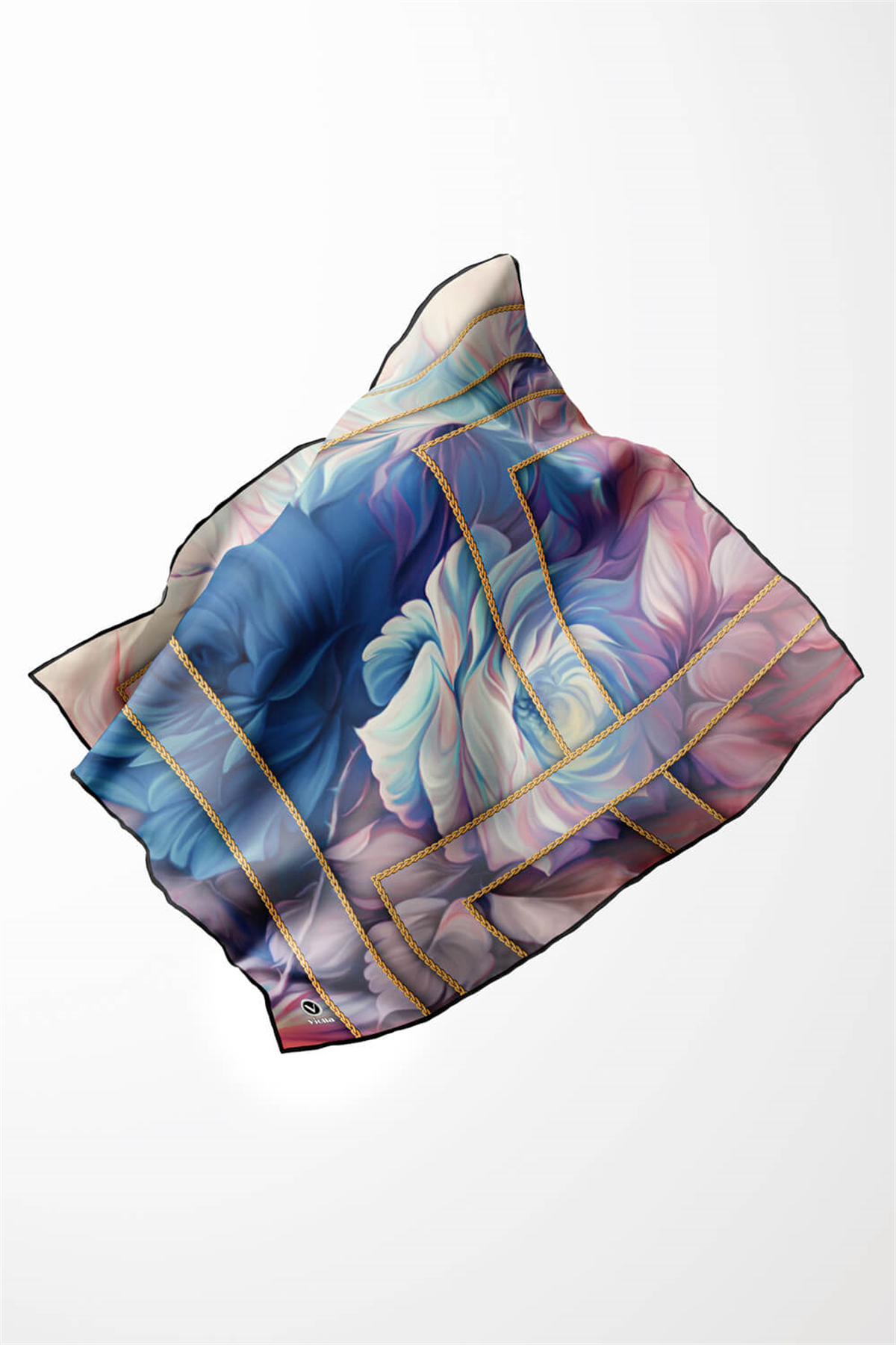Twill Gül Desenli Bebe Mavisi - Pudra Renkli 90x90 Eşarp (İpek İçermez) Kenar Dikiş Şekli El Dikişli
