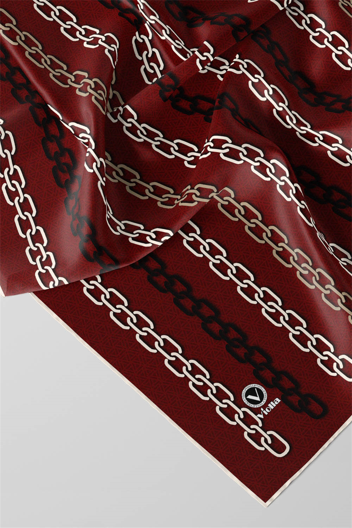 Twill Zincir Desenli Bordo Renkli 90x90 Eşarp (İpek İçermez) Kenar Dikiş Şekli El Dikişli