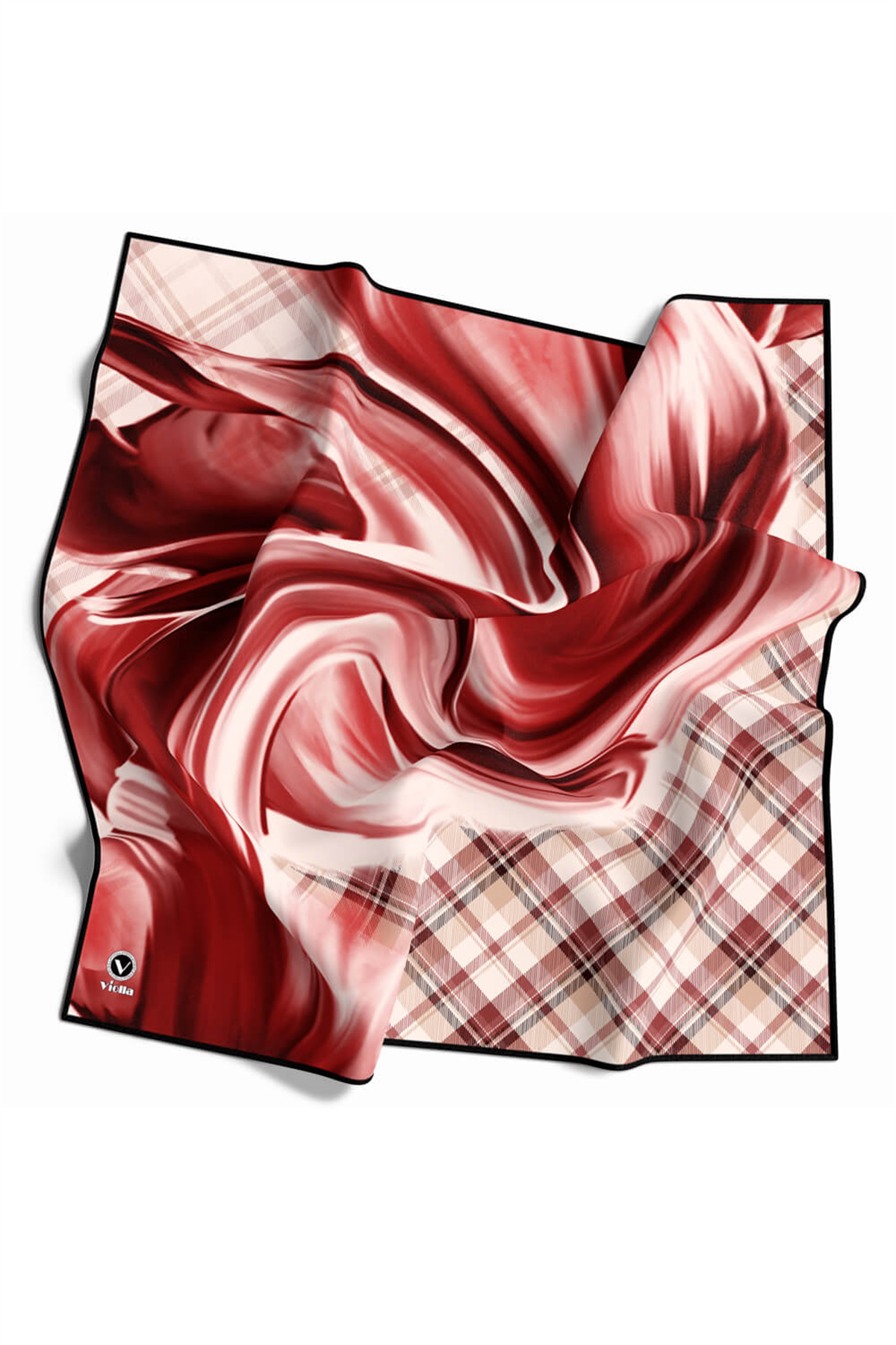 Twill Dalga ve Ekose Desenli Bordo Renkli 90x90 Eşarp (İpek İçermez)Kenar Dikiş Şekli El Dikişli