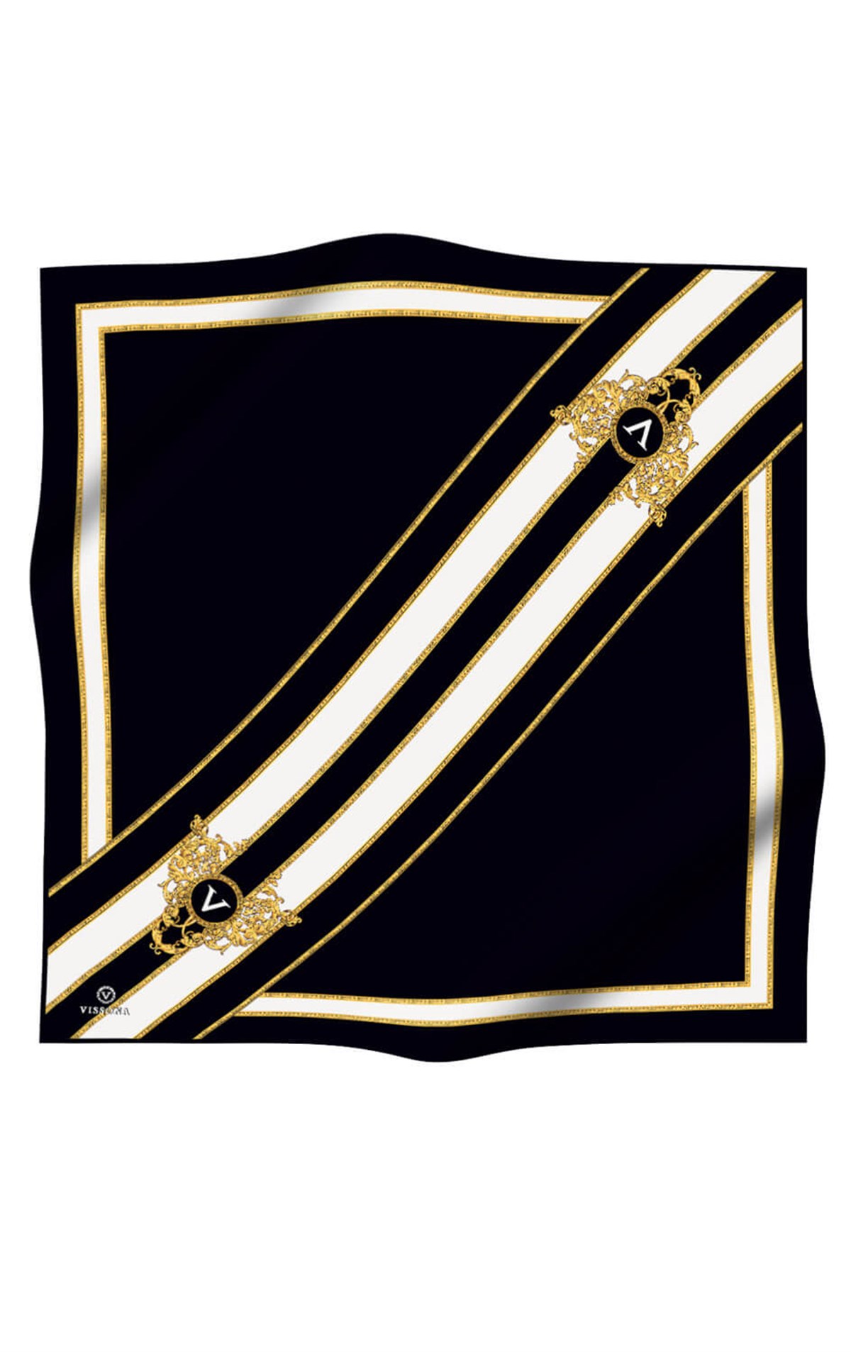 %100 Twill İpek Barok Ve Şerit Desenli Siyah - Krem Renkli 90x90 Eşarp Dikim Şekli : El Dikişi