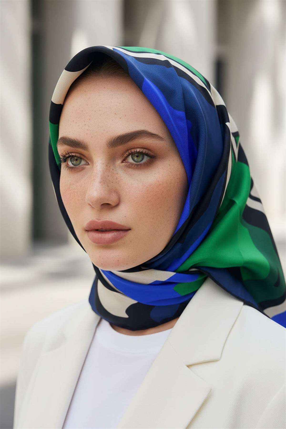 100% Twill İpek Dalga Desenli Saks - Zümrüt Yeşili Renkli 90x90 Dikim Şekli : El Dikişi Eşarp