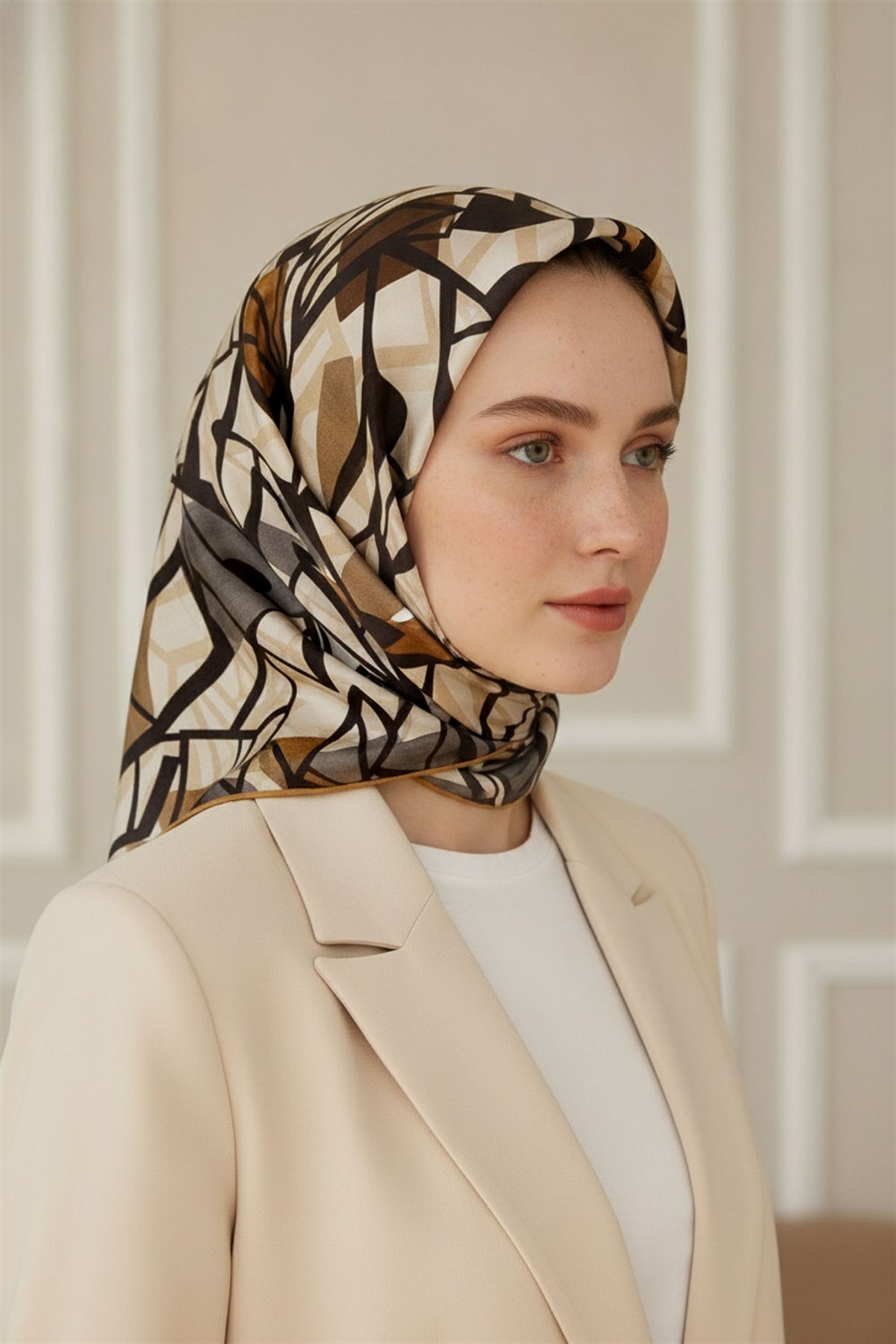 %100 Twill Renkli Petek Desenli Sütlükahve - Vizon Renkli 90x90 Eşarp Dikim Şekli: El Dikişii