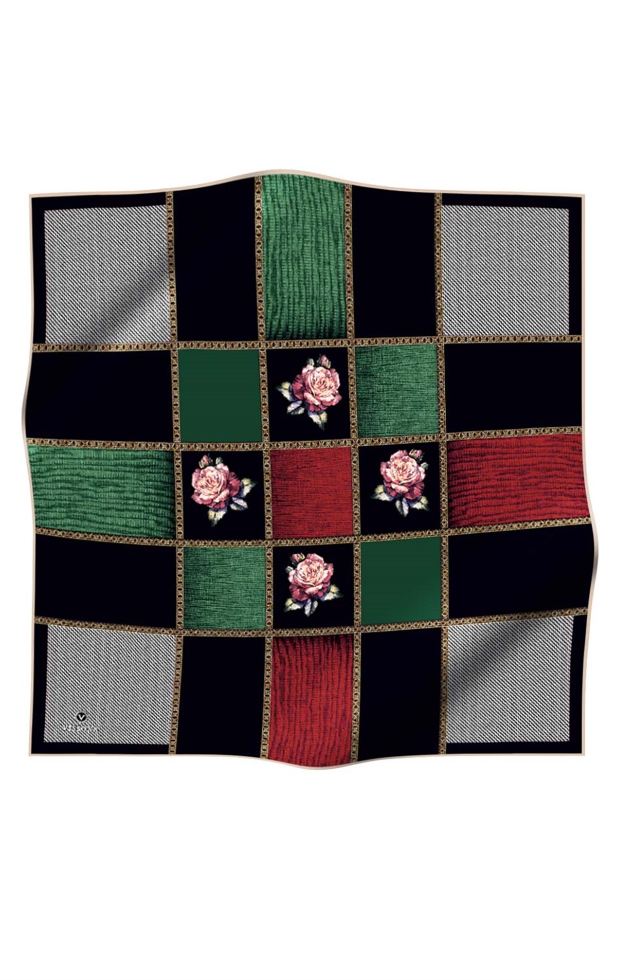 %100 Twill İpek Dokulu Çiçekli Ve Geometrik Desenli Siyah - Zümrüt Yeşili Renkli 90x90 Eşarp Dikim Şekli : El Dikişi