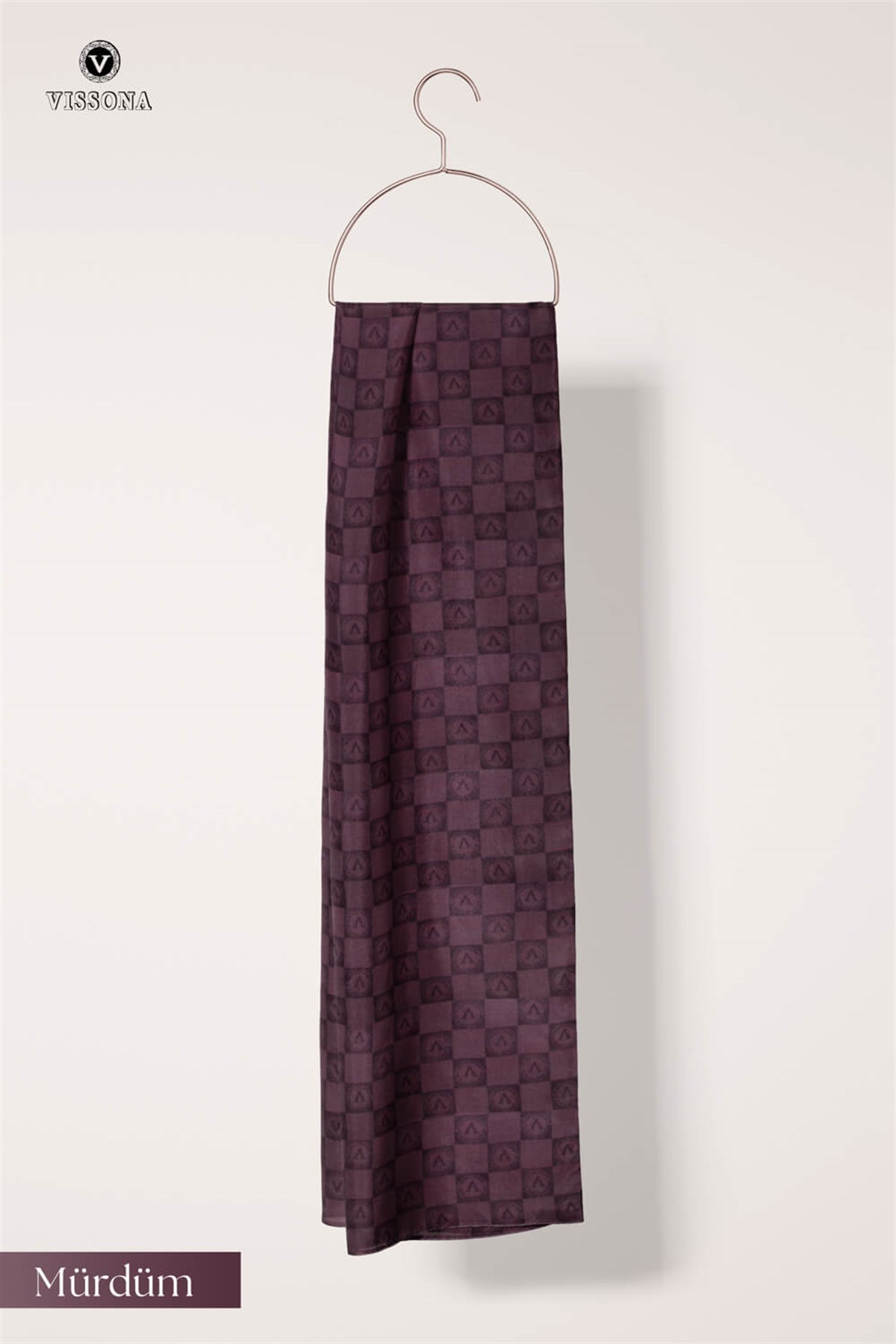 Vissona %57 İPEK %43 PAMUK Monogram Desenli Mürdüm Renkli Şal -  70x190 Dikiş Tipi İtalyan Dikişli