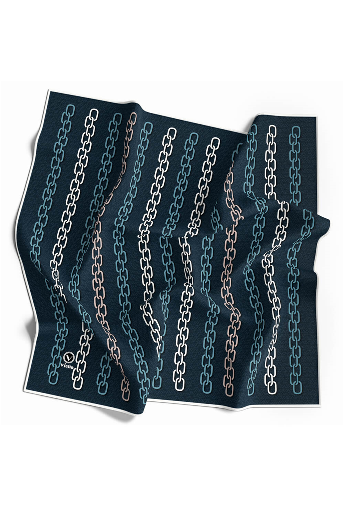 Twill Zincir Desenli Petrol Mavisi Renkli 90x90 Eşarp (İpek İçermez) Kenar Dikiş Şekli El Dikişli