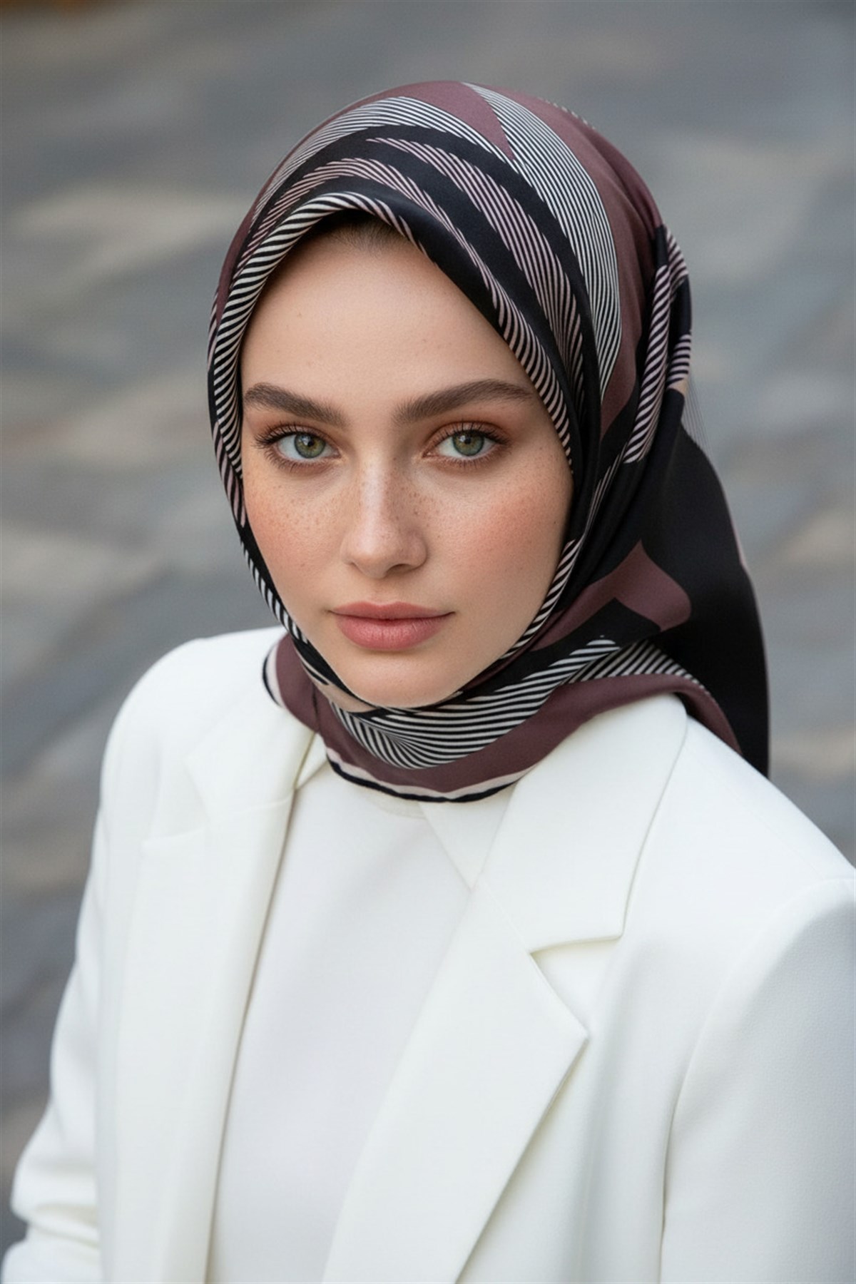 %100 Twill İpek Geometrik Desenli Pudra - Siyah Renkli 90x90 Eşarp Dikim Şekli : El Dikişi