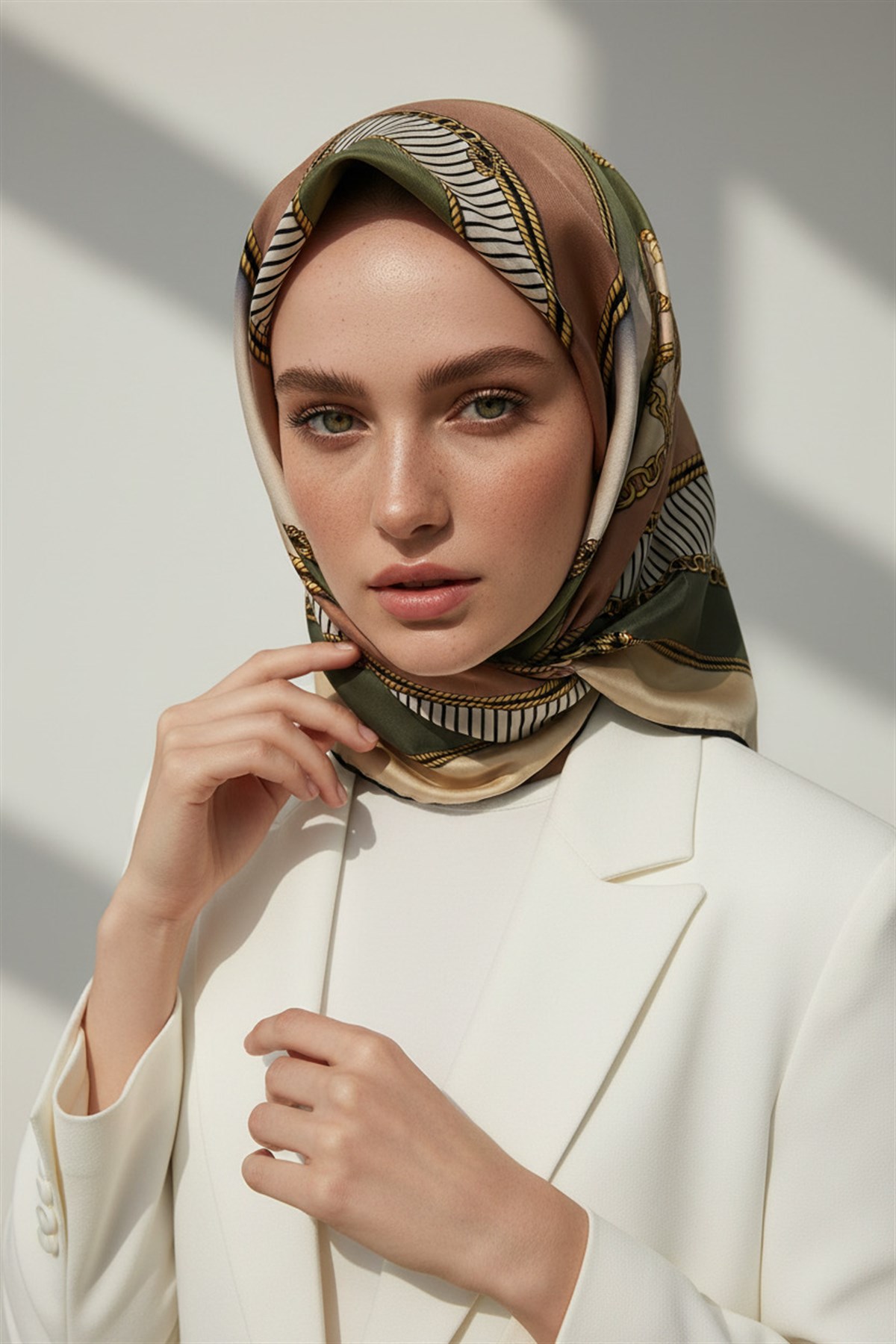 %100 Twill İpek Zincir Detaylı Geometrik Desenli Haki - Bakır Renkli 90x90 Eşarp Dikim Şekli : El Dikişi