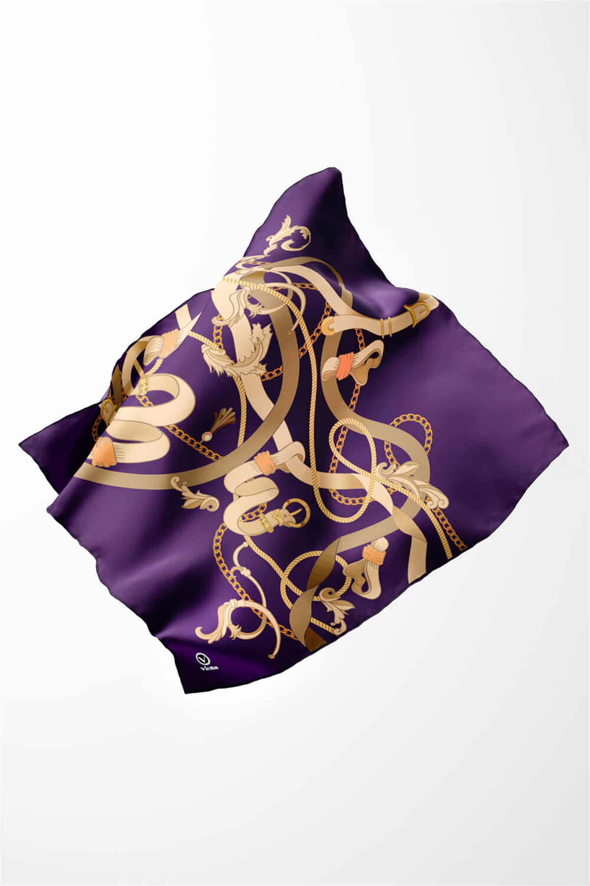 Twill Kemerli Ve Zincir Desenli Mor Renkli 90x90 Eşarp (İpek İçermez) Kenar Dikiş Şekli El Dikişli