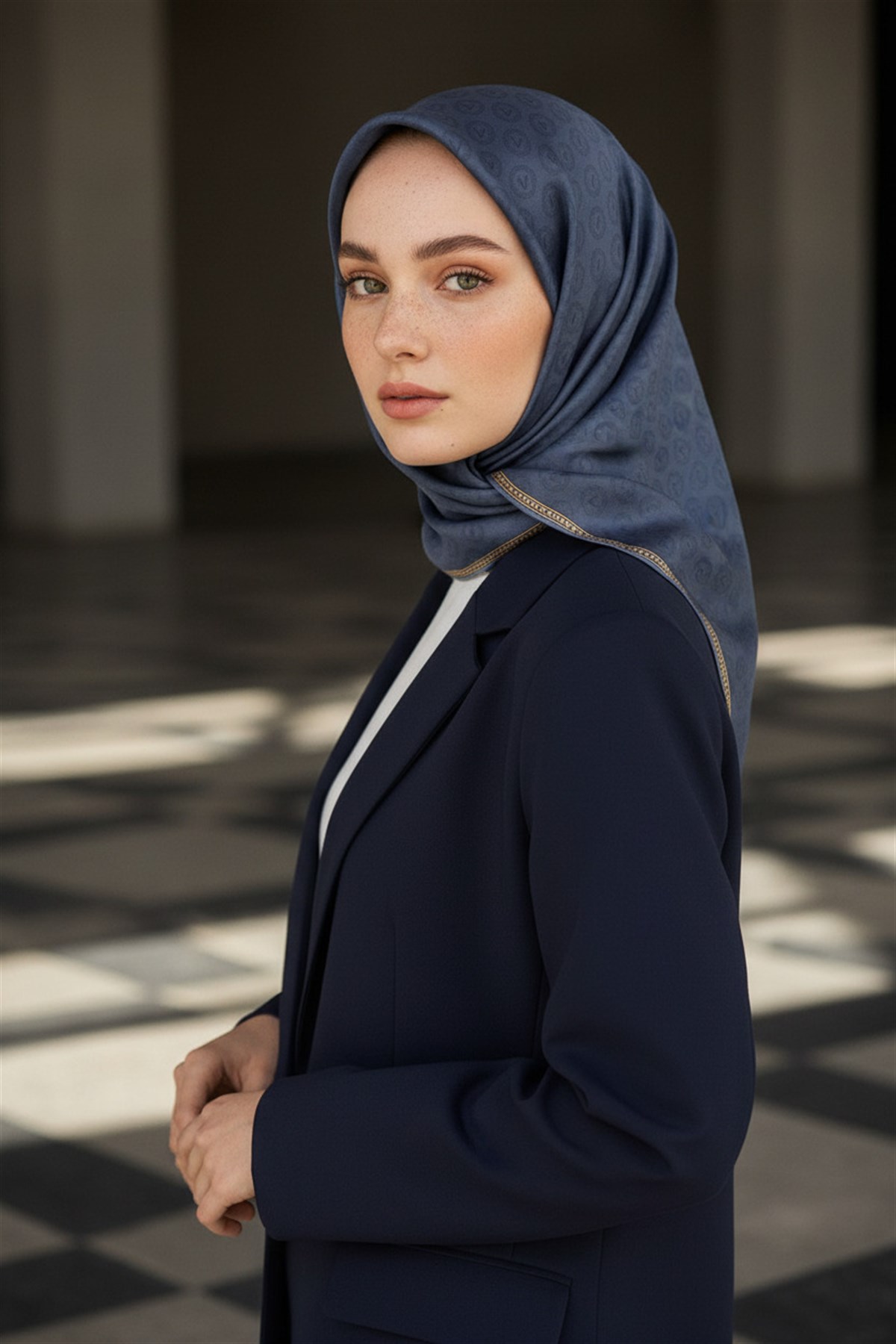 %100 Twill İpek Monogram Desenli İndigo Renkli 90x90 Eşarp Dikim Şekli : El Dikişi