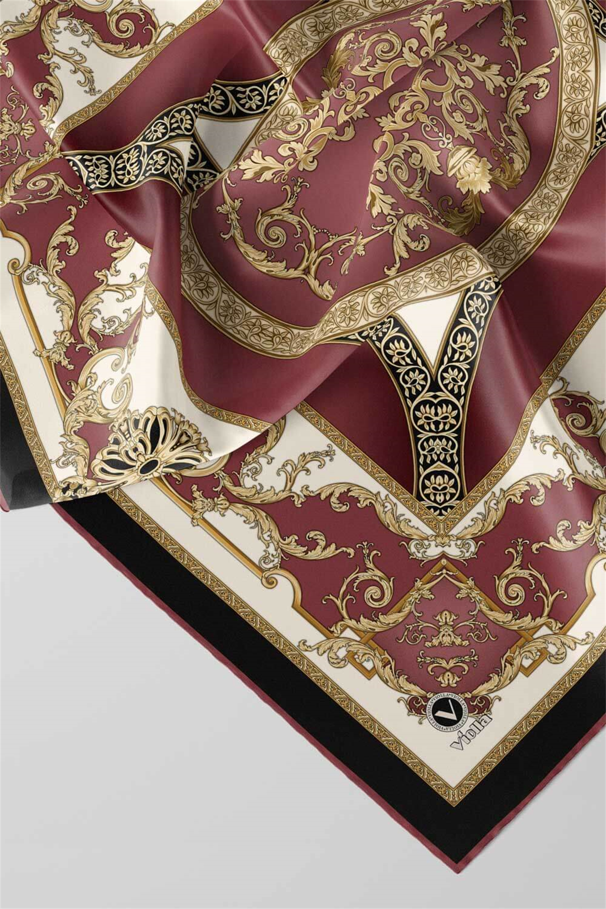 Twill Barok Desenli Gül Kurusu Renkli 90x90 Eşarp (İpek İçermez) Kenar Dikiş Şekli El Dikişli