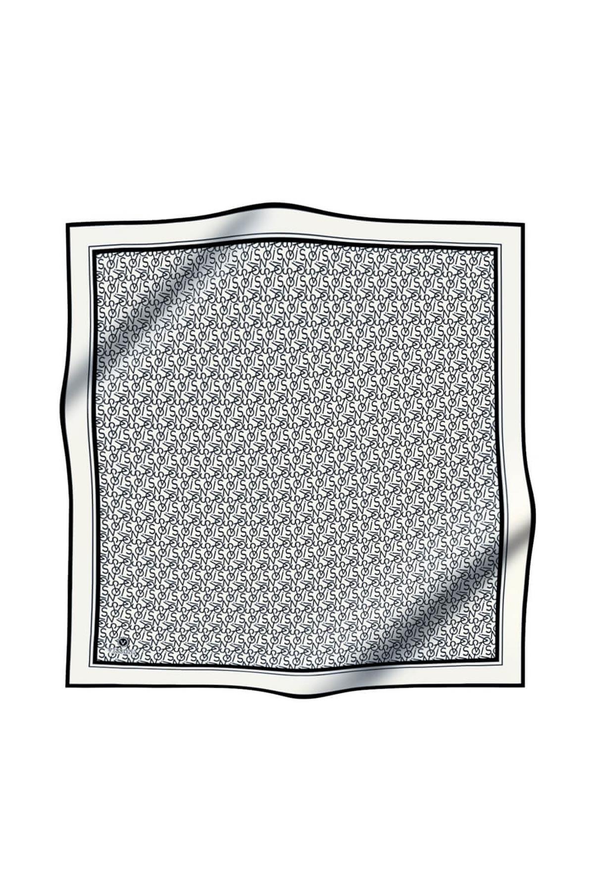 %100 Twill İpek Harf Desenli Krem - Siyah Renkli 90x90 Eşarp Dikim Şekli : El Dikişi