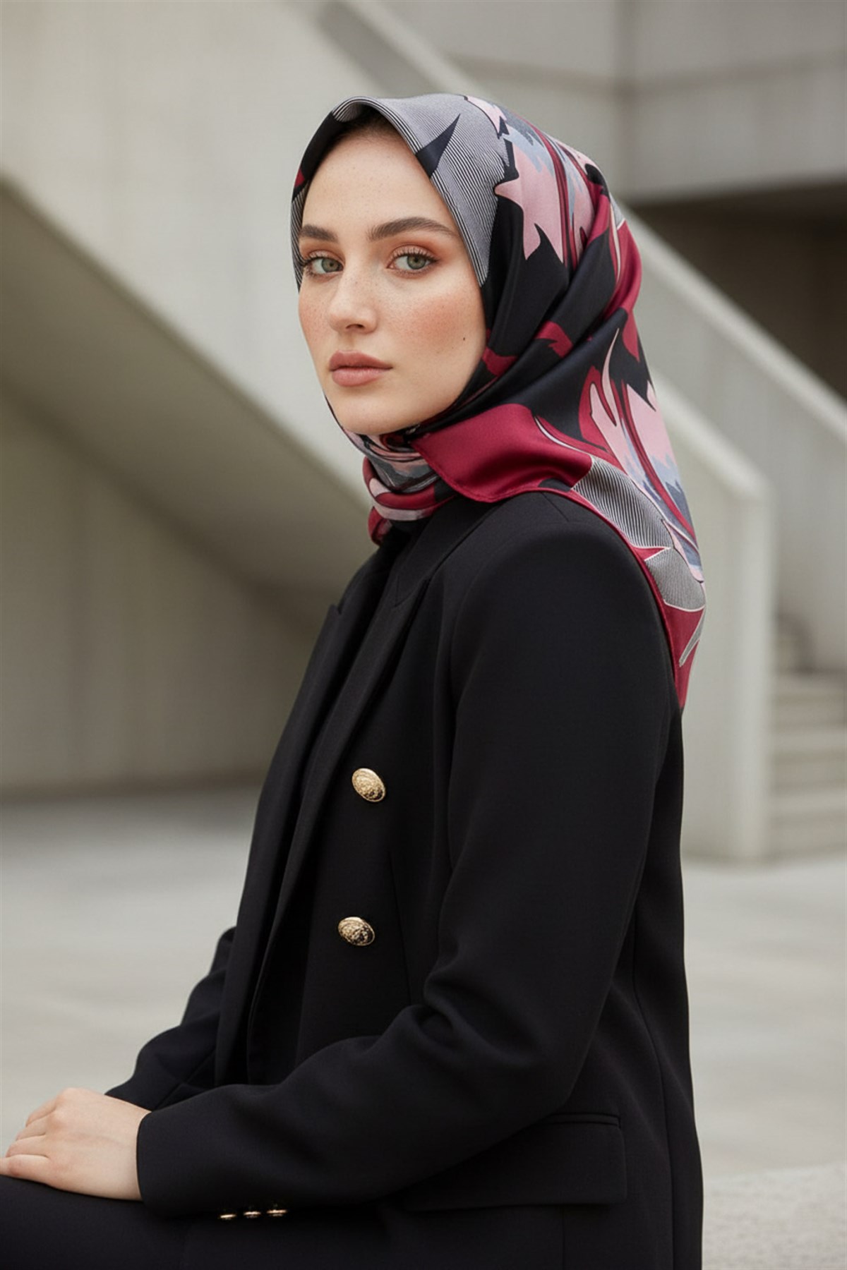 %100 Twill İpek Çiçek Desenli Siyah - Bordo Renkli 90x90 Eşarp Dikim Şekli : El Dikişi