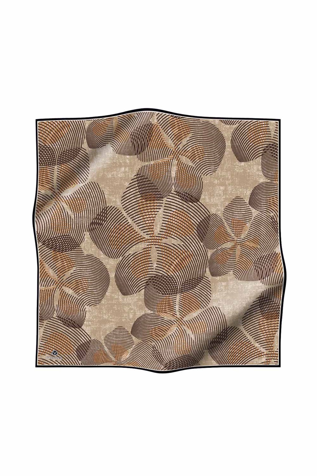%100 Twill İpek Çizgili Çiçek Desenli Vizon - Taş Renkli 90x90 Eşarp Dikim Şekli : El Dikişi