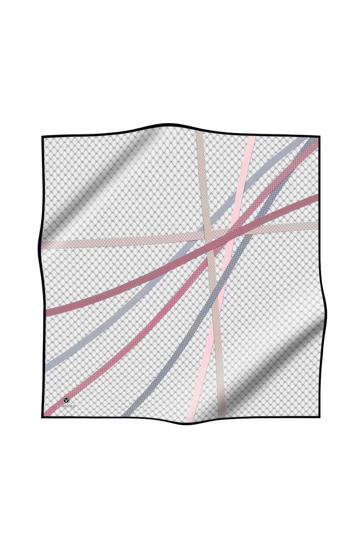 %100 Twill İpek Monogram Ve Şerit Desenli Pembe - Gri Renkli 90x90 Eşarp Dikim Şekli : El Dikişi